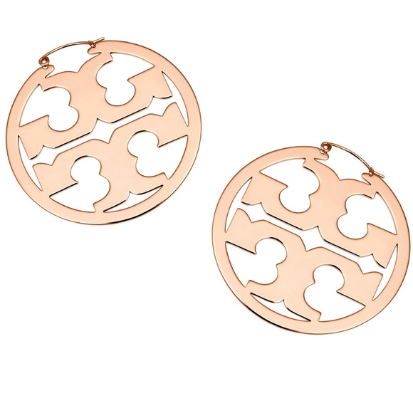 Tory Burch Jewelry - TORY BURCH LARGE ROSE GOLD MILLER LOGO HOOP EARRINGS